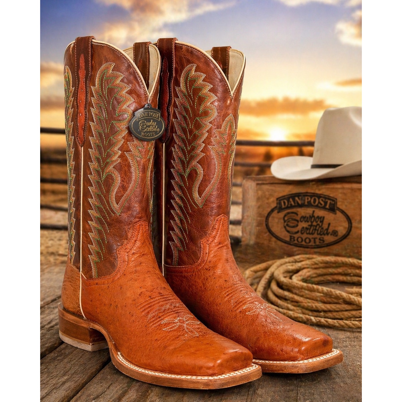 New Dan Post Smooth Ostrich Cowboy Boots Cognac Square Toe Western Cowboy 9 D